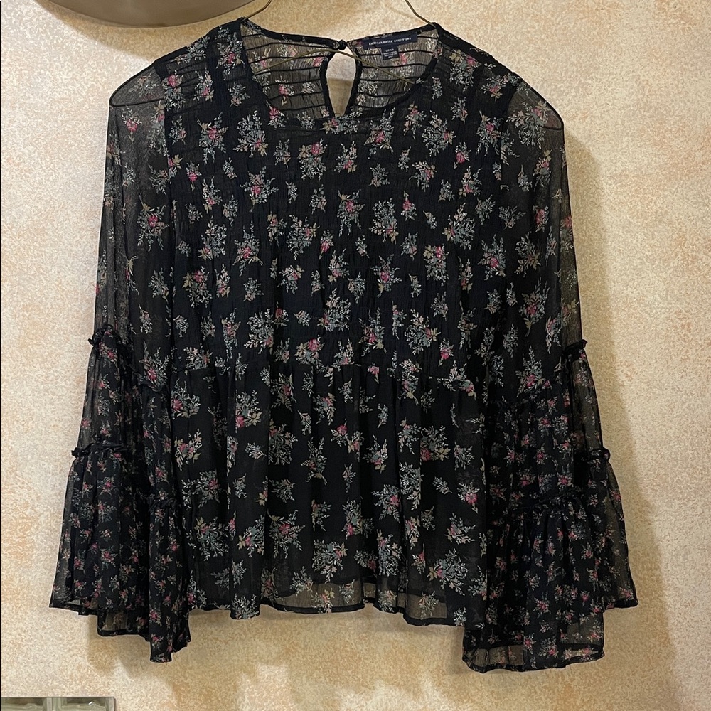 American Eagle Outfitters Black Floral Sheer Blouse